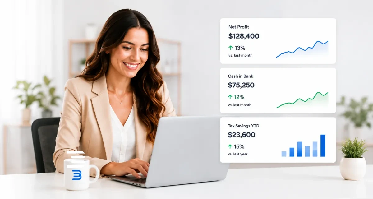 A small business owner reviewing her finances, with live Net Profit, Cash in Bank and Tax Savings figures from the Better Ways portal
